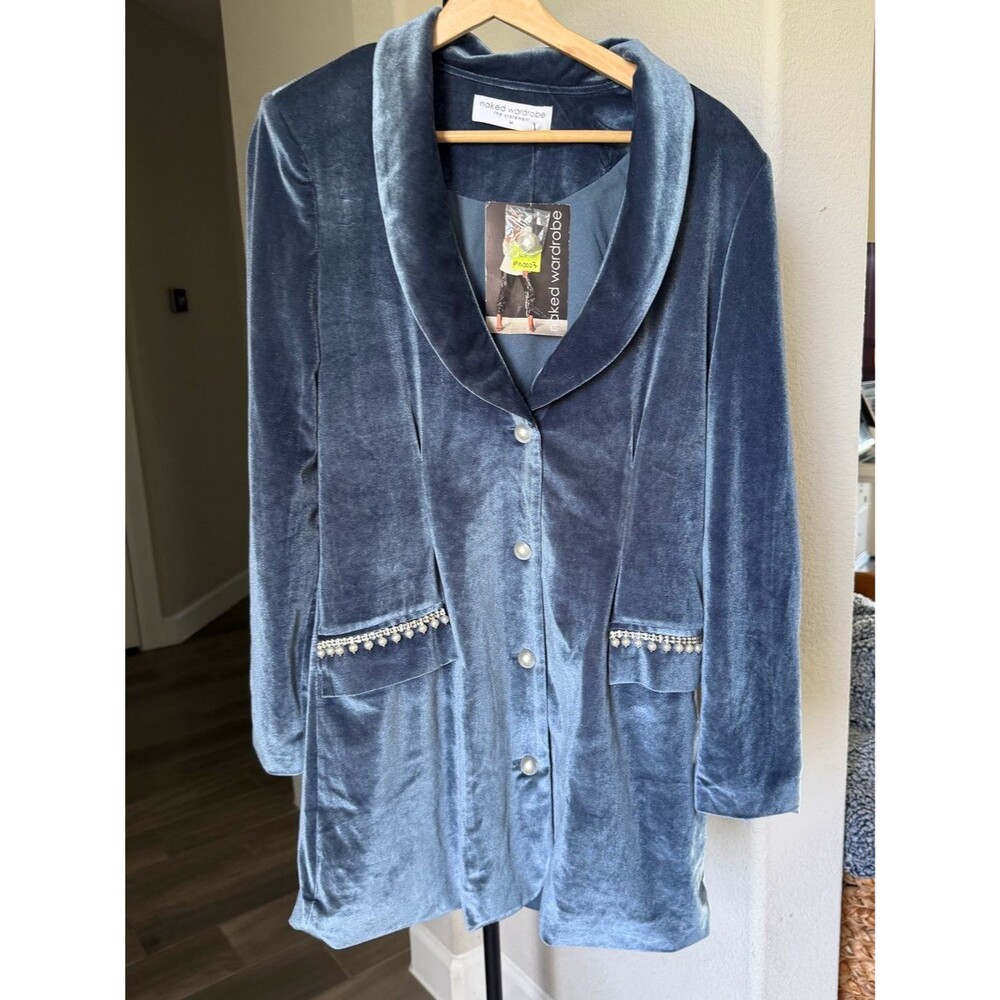 naked wardrobe Steel Blue Velvet Cry Me a River Blazer Dress Pearl Trim M